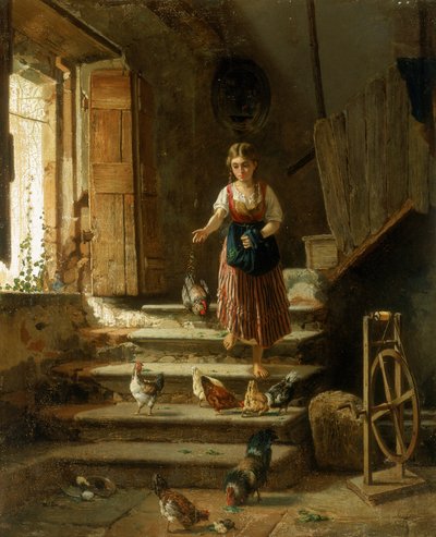 Ein Bauernmädchen und Hühner von Italian School